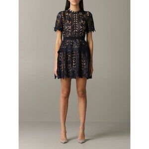 Self-Portrait Navy Blue Macrame Lace A-Line Dress UK 10 US 6